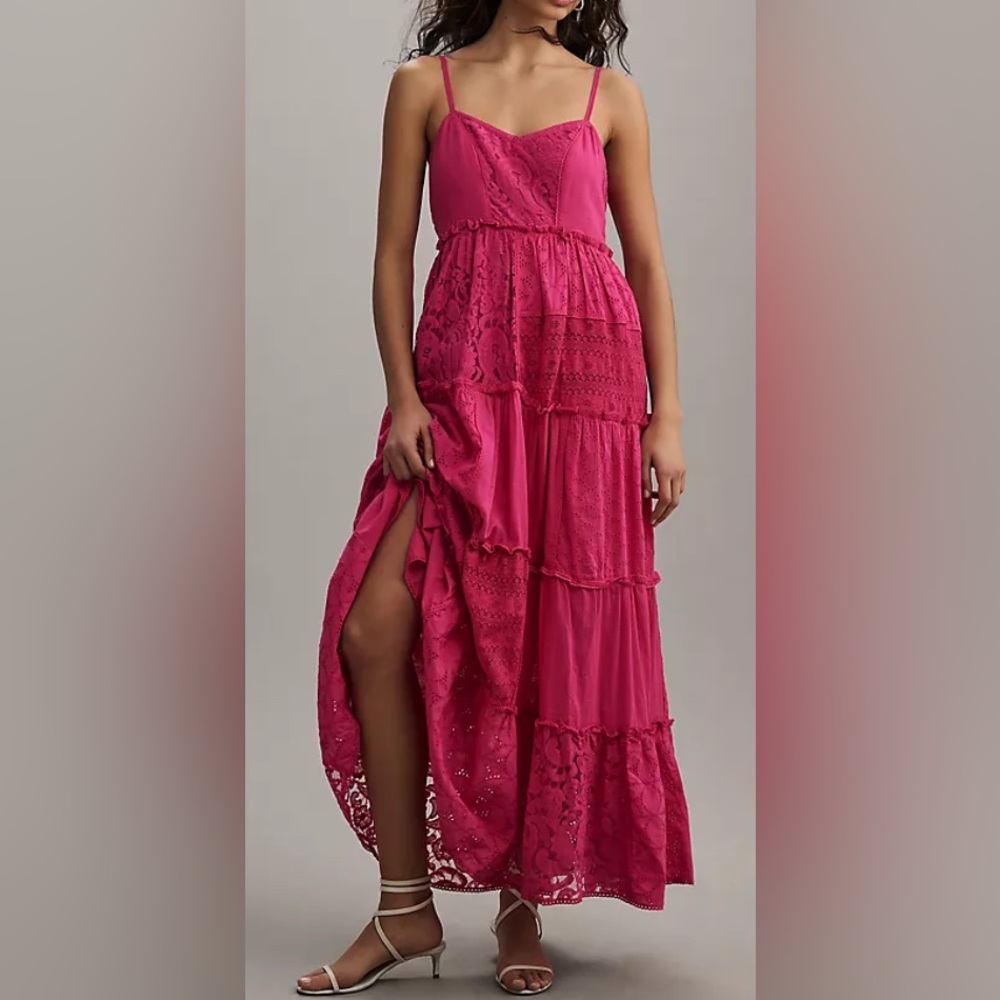 NWT Anthropologie Bhanuni by Jyoti Patchwork Lace Tiered Midi Dress Size S